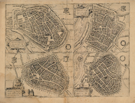 D58 Plattegrond in vogelvlucht der binnenstad van Arnhem -Zie ook D31- Het zijn 4 afbeeldingen op één kaart, c.1616