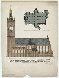 D89 Zuiderzijaanzicht en plattegrond van de kathedrale kerk –gesigneerd door architect L. Muijsers – toestand ...