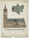 D89 Zuiderzijaanzicht en plattegrond van de kathedrale kerk –gesigneerd door architect L. Muijsers – toestand ...