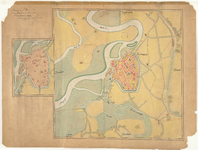 D98 Plattegrond van Roermond en omgeving; met plattegrondje der binnenstad aangevende de poorten,torens en geestelijke ...