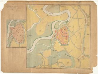 D98 Plattegrond van Roermond en omgeving; met plattegrondje der binnenstad aangevende de poorten,torens en geestelijke ...