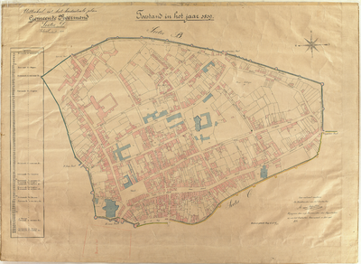E1 Plattegrond der binnenstad van Roermond volgens het kadastrale plan, met weergave der muren, poorten, straat- en ...