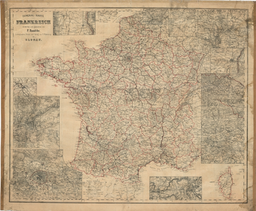 E43 Landkaart van Frankrijk met de indeling in departementen, rondom vergroot uitgewerkte details van diverse steden en ...