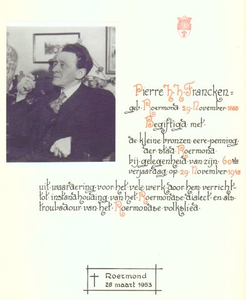 FRA.10.A Francken, Pierre H.H. geb te Roermond 29 nov. 1888 begiftigd met de kleine bronzen eere penning der stad ...