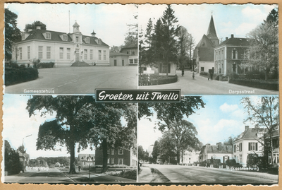 GAV-PK-Tw-004-g Twello; Links bovenin het Gemeentehuis; Rechts bovenin de Dorpsstraat; Links onderin de Binnenweg; ...