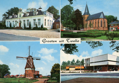 GAV-FLOR-44 Groeten uit Twello. Links het Gemeentehuis en de molen van Fakkert, zonder de in 1969 ingestorte stelling, ...