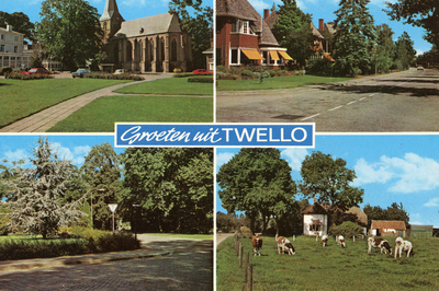 GAV-FLOR-45 Groeten uit Twello. Links de N.H. kerk en kruispunt Binnenweg- Holthuizerstraat, rechts Burgemeester van de ...