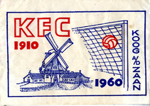 57 Tekening van een molen en doel in het blauw en rode tint - blauwe tekst, KFC 1910-1960