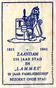 67 Tekening van wapenschild en leeuw in blauwe tint, 1811 - 1961 Zaandam 150 jaar stad en Lammes 58 jaar familiebedrijf ...