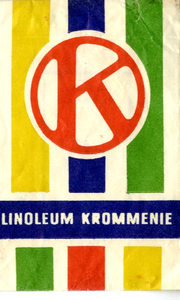 69 Logo in geel - blauw - groen - rood met letter K, Linoleum Krommenie