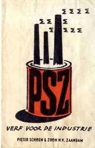 76 Logo verfblik met kwasten in zwart en rood, Pieter Schoen en Zoon N.V. Verf voor de industrie