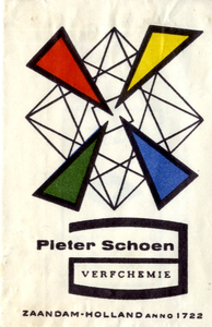 77 Logo in groen - rood - blauw en geel, Pieter Schoen Verfchemie sinds 1722