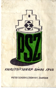 82 Logo met verblik en zaanshuisje in het groen, Pieter Schoen en Zoon N.V., kwaliteitsverf sinds 1722