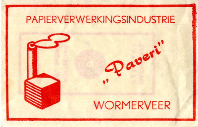 84 Tekening van fabriek en tekst in rode tint, Papierverwerkingsindustrie Paveri 
