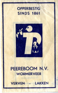 87 Tekening - logo van de letter P met verfblik en kwast in blauwe tint, Peereboom N.V - opperbestig sinds 1861