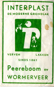 88 Tekening - logo van de letter P met verfblik en kwast in groene tint, Interplast - de moderne grondlak - Peereboom N.V.