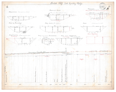 19231-23X4 [Geen titel] Lengtedoorsnede van de Dinkel vanaf de huidige A1 tot de huidige N734. Zijaanzichten van de ...