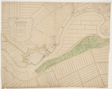 1336-KD000218 [Zonder titel] Kaart door Abraham Hanselaer, van het Zwarte Water vanaf de Noodhaven, de splitsing met de ...