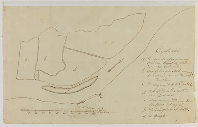 1336-KD000221 [Zonder titel] Schetskaartje van de tegenover de stad Hasselt gelegen landen aan het Zwarte Water, met ...