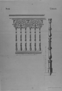 31197 Afbeelding van een gedeelte van het middelste koorhek en van een baluster daarvan in de Jacobikerk te Utrecht.