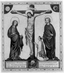 31133 Afbeelding van een altaarstuk uit 1363, voorstellende de kruisiging, met het grafschrift van Hendrik van Rijn, ...