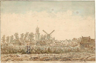 38631 Gezicht vanaf de Daalsedijk ten noordwesten van Utrecht met op de achtergrond de Domtoren en de molen De Fortuin.