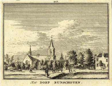 200481 Gezicht in het dorp Bunschoten met de Nederlands Hervormde kerk, in het midden een doorkijk in de Dorpsstraat en ...