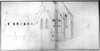 31122 Afbeelding van de Janskerk te Utrecht, uit het zuiden gezien. Met rechts een schetsje van de kerk met de ...