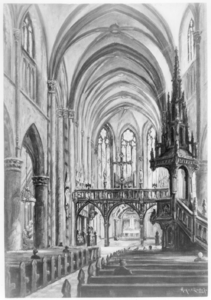 31250 Interieur van de St.-Catharinakerk aan de Lange Nieuwstraat te Utrecht: het schip en het koor, gezien uit het westen.