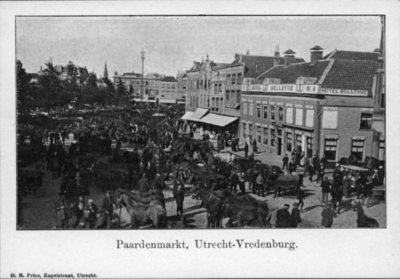 85003 Afbeelding van de paardenmarkt op het Vredenburg te Utrecht; rechts het Hotel Bellevue (Vredenburg 4).