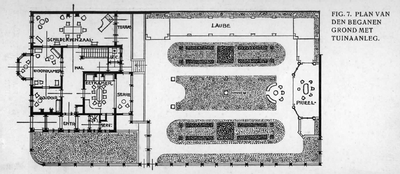 63001 Plattegrond van de begane grond en de tuinaanleg van het huis Maliebaan 55 te Utrecht.