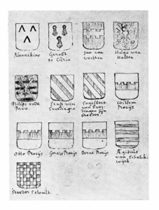 37353 Afbeelding van de wapenschilden op een verloren wapenbord uit de Mariakerk te Utrecht met de wapenschilden van de ...