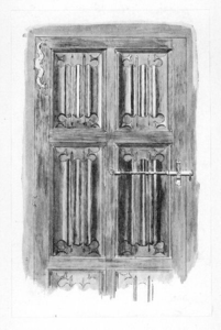 37689 Afbeelding van een gotisch deurtje met briefpanelen en ijzeren beslag, afkomstig uit de St.-Paulusabdij te Utrecht.