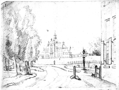 35546 Gezicht vanaf het begin van de Maliebaan te Utrecht bij het Maliehuis (rechts) met op de achtergrond het huis Bellevue.