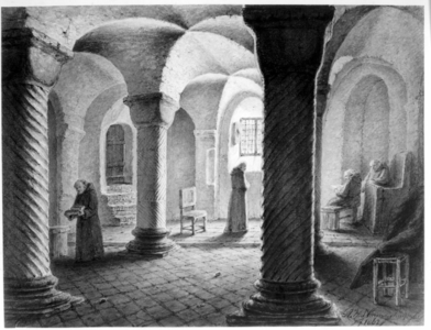 31115 Interieur van de Pieterskerk te Utrecht: de crypte gezien uit het westen.