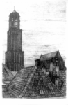 31029 Gezicht op de Domtoren en de Domkerk te Utrecht uit het zuidwesten vanuit het St.-Bonifaciuscollege, met het dak ...