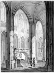 31067 Interieur van de Domkerk te Utrecht: gezicht vanuit het koor naar de noordelijke zijbeuk met het grafmonument van ...