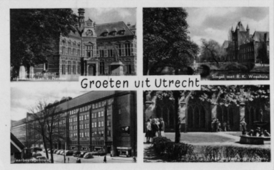 124030 Collage van gezichten te Utrecht:- Academiegebouw- RK Wees- en Oudeliedengesticht (Maliesingel 77) (cat.nr. ...