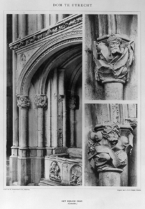 25554 Interieur van de Domkerk (Domplein) te Utrecht: gedeelte van de boog van Het Heilig Graf, met twee detailfoto's ...