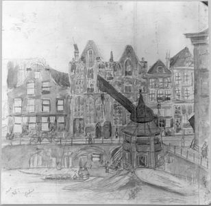 31563 Gezicht op de Oudegracht te Utrecht bij de Stadhuisbrug met de voorgevels van de huizen aan de noordzijde van de ...