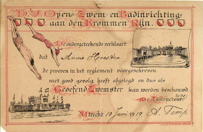 38438 Afbeelding van een zwemdiploma van de N.V. Utrechtsche Open Zwem- en Badinrichting aan de Kromme Rijn (Zwembad ...