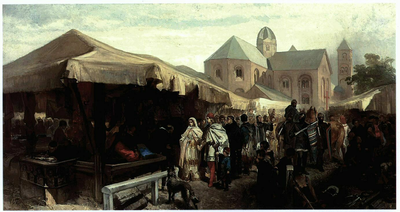 26170 Afbeelding van een middeleeuwse jaarmarkt in Utrecht met op de achtergrond een romaanse kerk met een westtoren, ...
