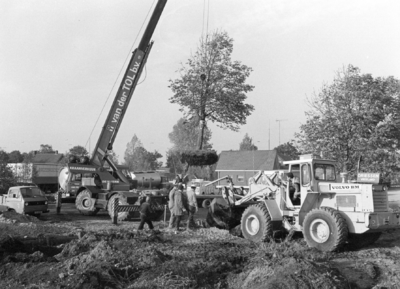 88963 Afbeelding van het verplaatsen van een kastanjeboom voor de bouw van het nieuwe wegrestaurant De Afrit (Meerndijk ...