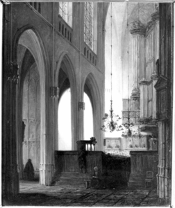 36994 Interieur van de Domkerk te Utrecht uit het noordoosten: gezicht vanuit het koor op het transept met een gedeelte ...