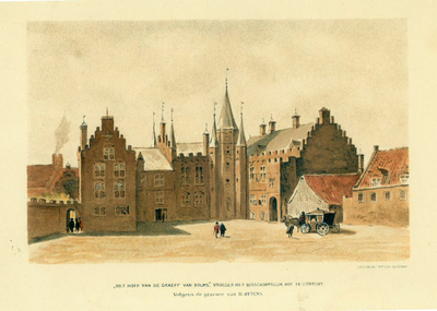 37773 Gezicht op het Bisschopshof te Utrecht vanaf de binnenplaats, met linksachter de daken van de huizen aan het Wed.