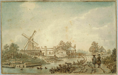 36125 Gezicht over het Zwarte Water te Utrecht uit het zuidwesten, met de molenwerf van de houtzaagmolen de Haas.