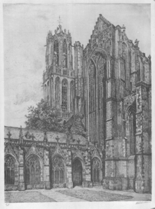 31035 Gezicht op het zuidertransept van de Domkerk en de Domtoren te Utrecht met de westelijke arm van de kruisgang, ...