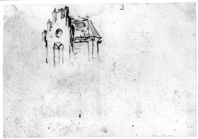37269 Afbeelding van een gedeelte van een gebouw met gotische pinakels te Utrecht (?).