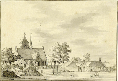 200478 Gezicht in het dorp Bunschoten op de Nederlands Hervormde kerk en enige naastgelegen huizen.