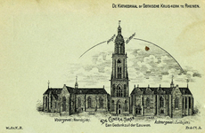 11985 Afbeelding van de Cuneratoren te Rhenen anno 1492/1531, met links de noordgevel van Cunerakerk anno 1000 en ...